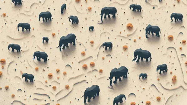 Illustration of African elephants in valley as seen from aerial imagery.