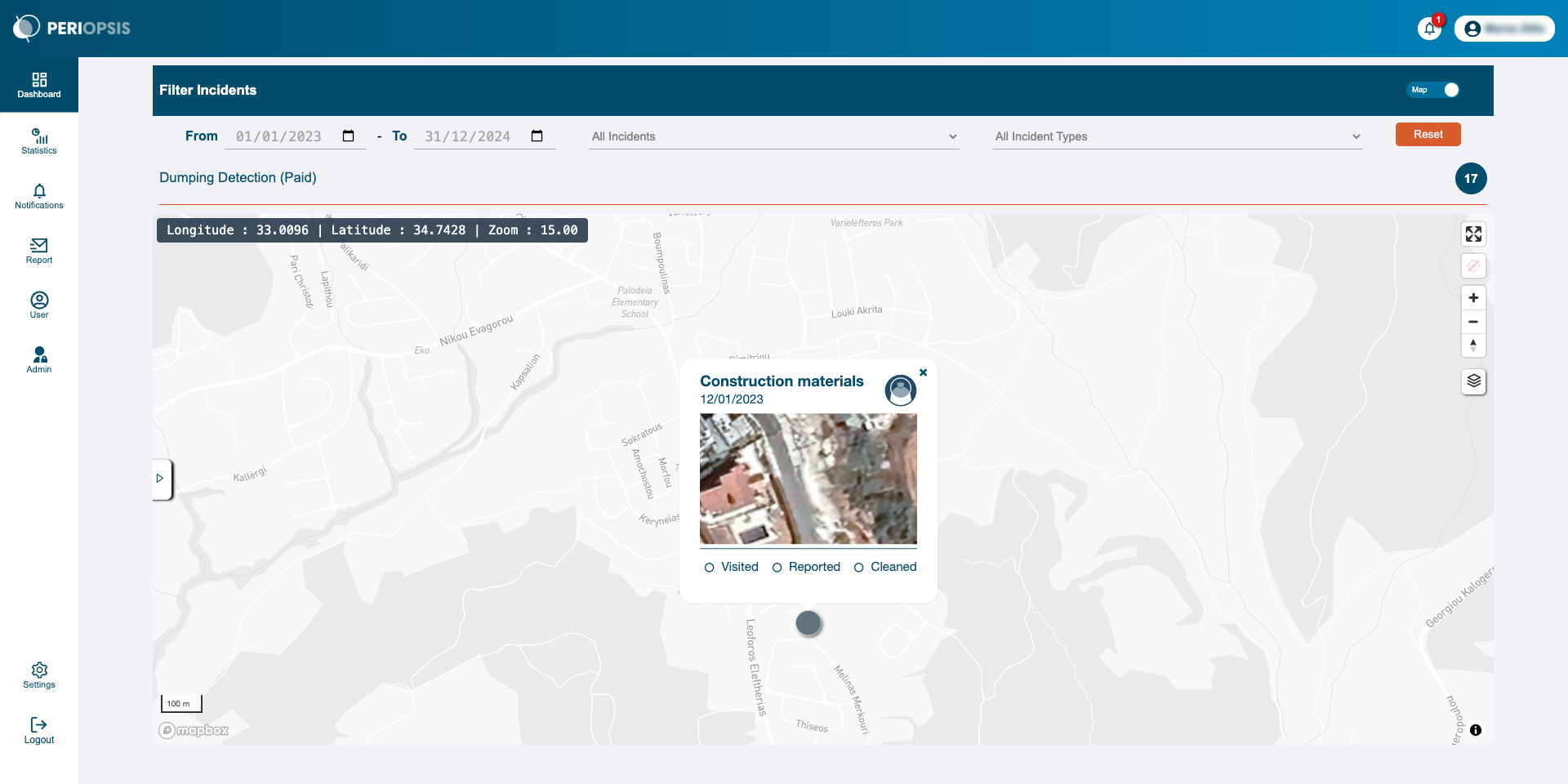 Selecting an incident on PERIOPSIS Portal